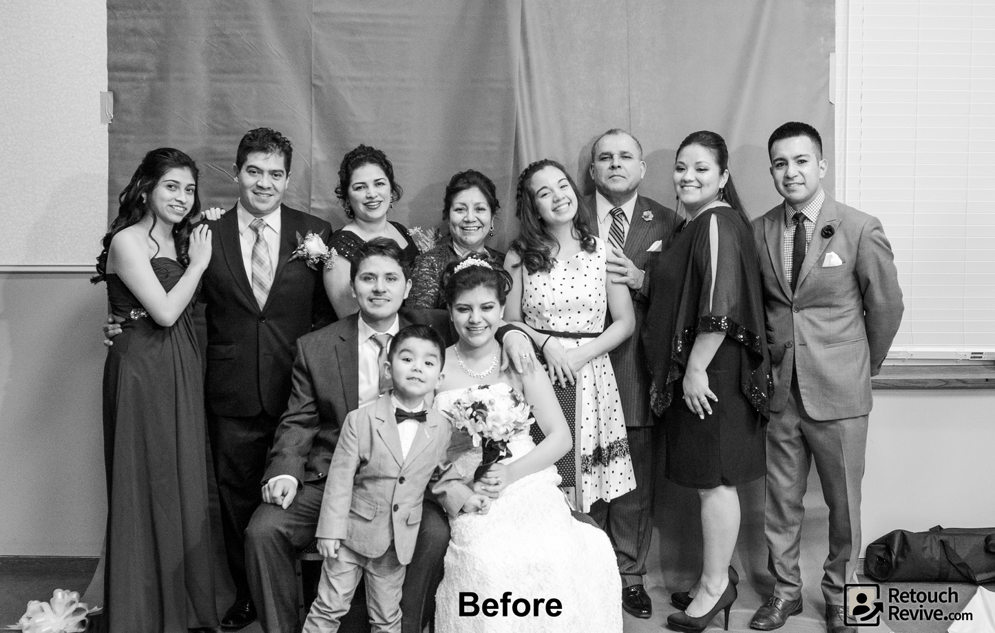 Wedding Photo before retouching. simple green screen. retouchrevive.com